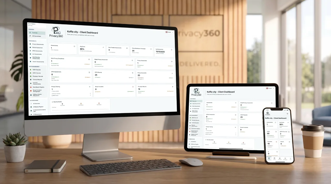 Privacy360 client dashboard shown on a desktop monitor, tablet and smartphone