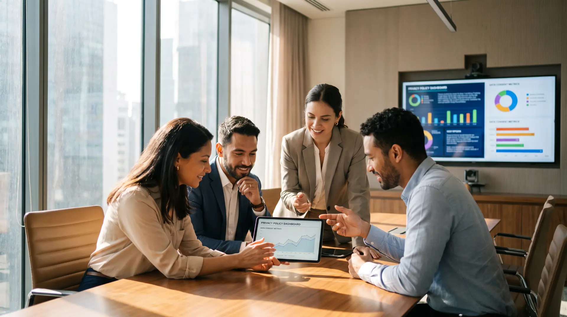 Privacy and marketing teams reviewing a consent metrics dashboard together