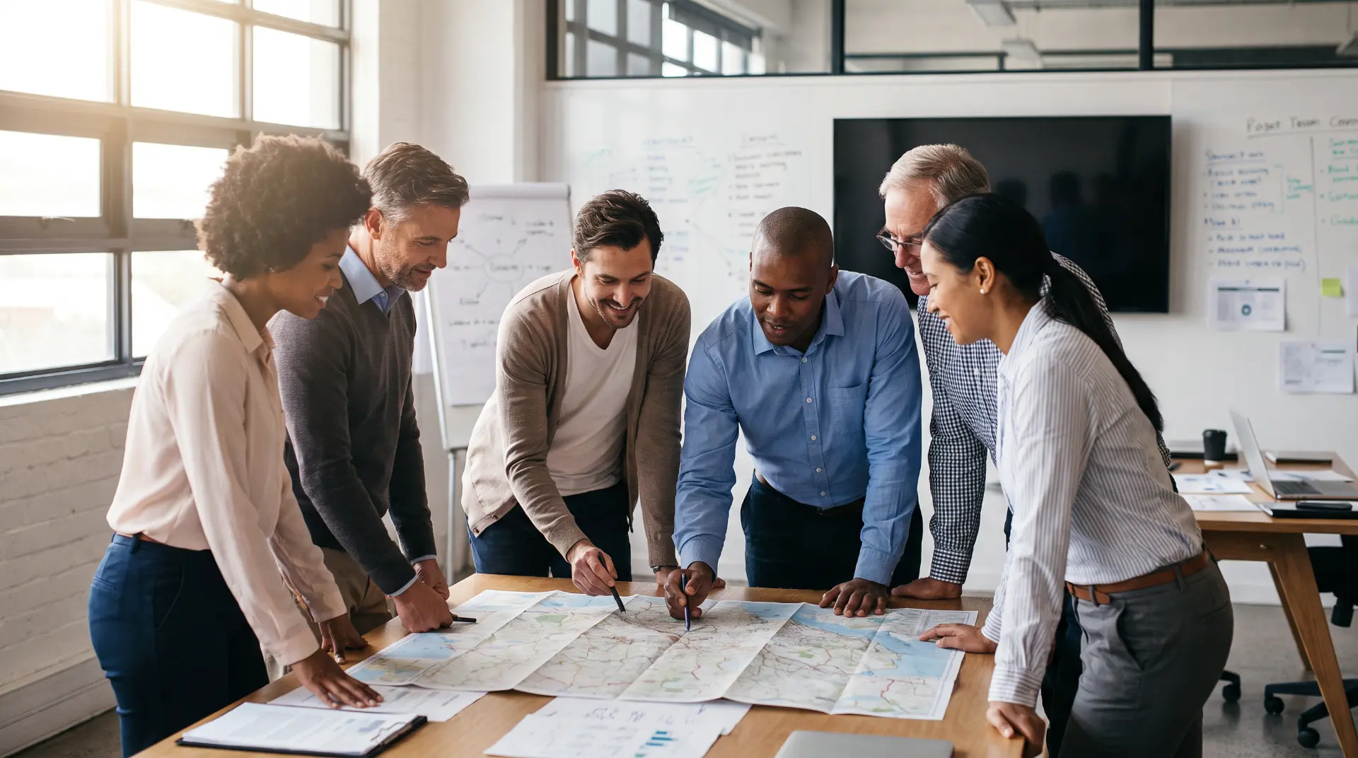 Privacy, risk and AI teams reviewing shared documents around a meeting table