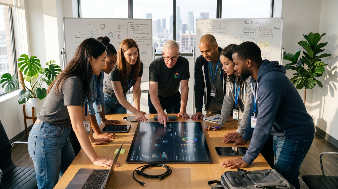 Professionals reviewing AI governance and compliance records