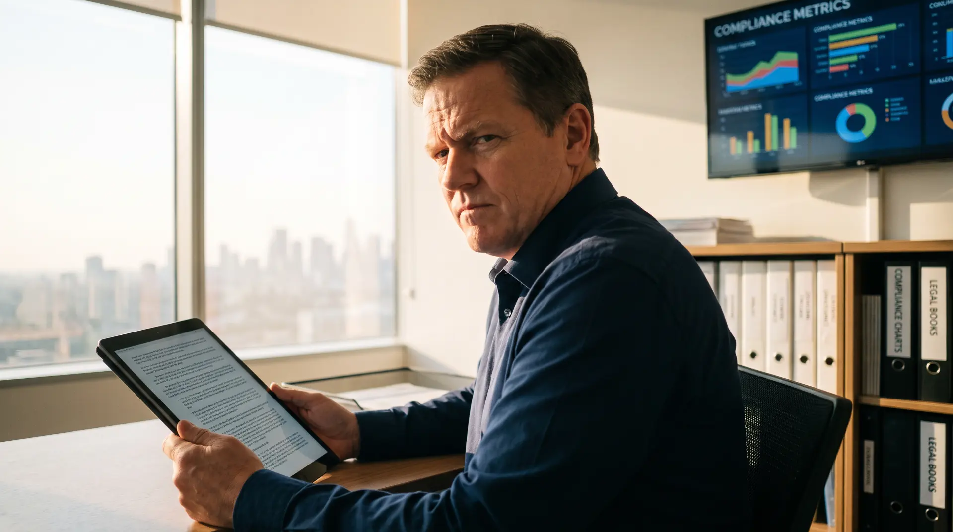 Compliance officer reviewing EdTech vendor documentation on a tablet with compliance metrics on screen