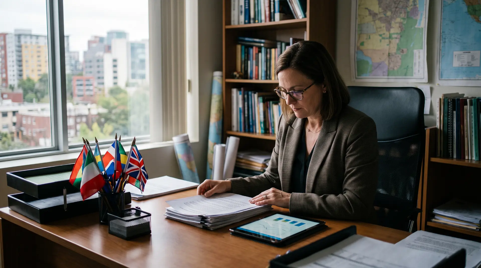 International school administrator reviewing student records beside national flags