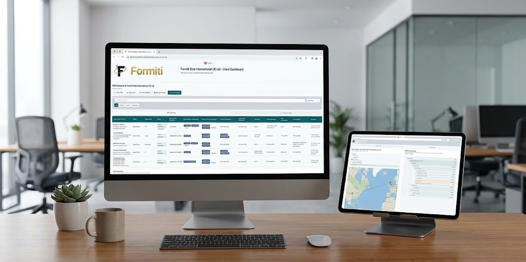 Formiti privacy records dashboard on a desktop screen beside a data map on a tablet