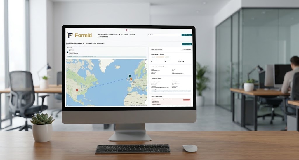 Data transfer assessment workspace on a desktop monitor showing an international transfer map