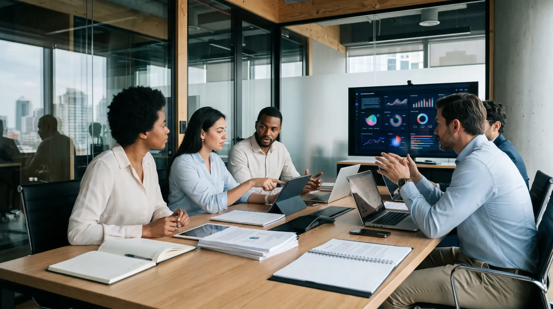 Privacy and governance team reviewing compliance dashboards in a meeting room