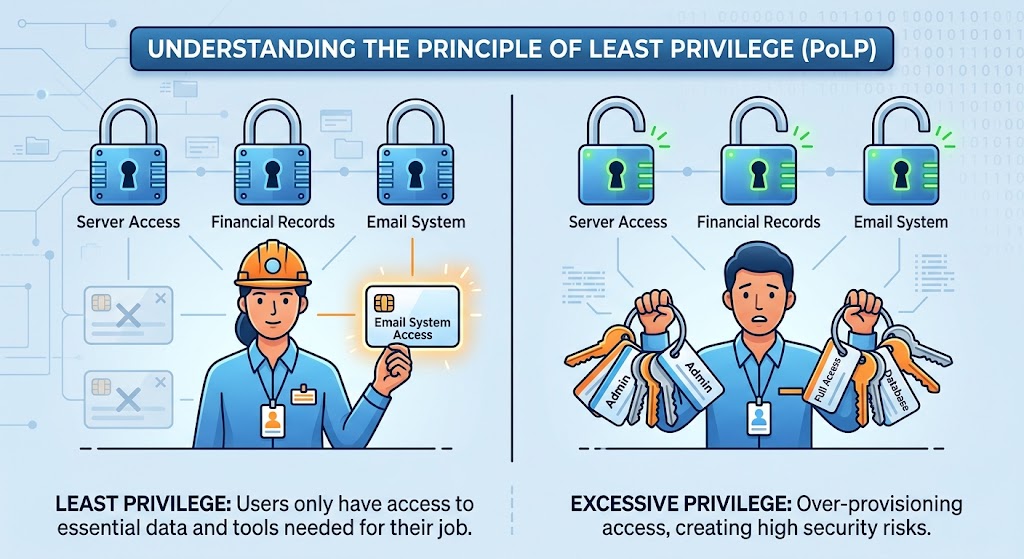 Illustration comparing least privilege access, where a user holds only the access needed for their job, with excessive privilege, where a user holds keys to every system.